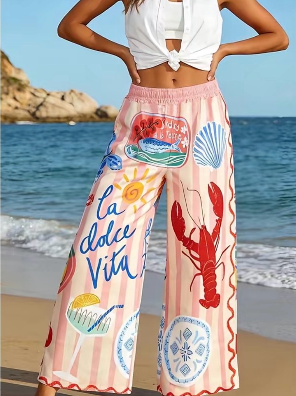 Colorful Coastal Print Wide Leg Pants Polyester& Elastics